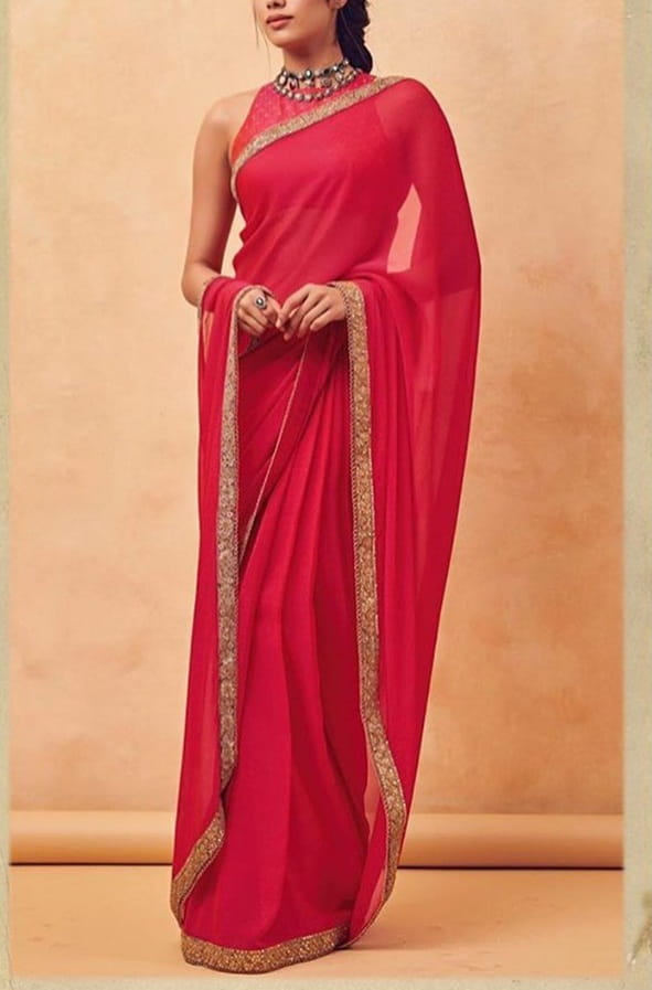 Red malai silk plain saree - ANJU SHANKAR LABEL