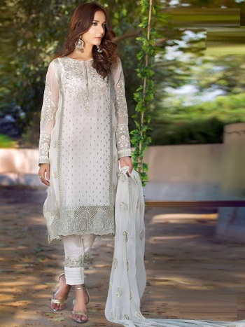 Wondrous White Color Party Wear Georgette Embroidered Work Fancy Straight Cut Salwar Suit For Women