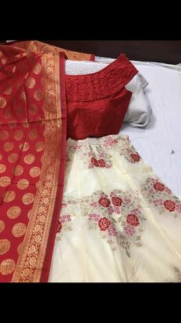 Party Wear Red and White Banarasi Brocade Lehenga Choli