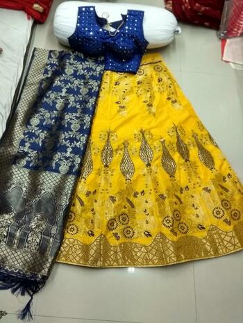 Desirable Blue Yellow Banarasi Silk Lehenga Choli Design Online For Women
