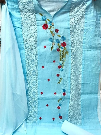 Outstanding Firozi Cotton Embroidered Dress Material For Women