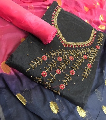 Delightful Navy Blue Chanderi Silk Handwork Unstitched Dress Material