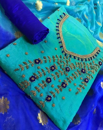 Delightful Navy Blue Chanderi Silk Handwork Unstitched Dress Material