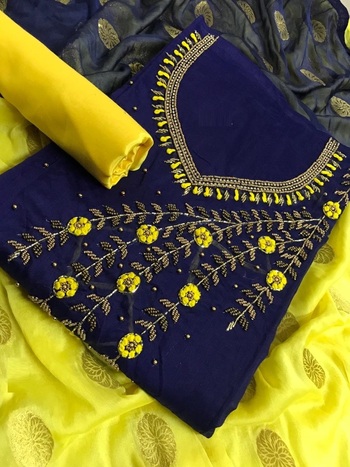 Delightful Navy Blue Chanderi Silk Handwork Unstitched Dress Material