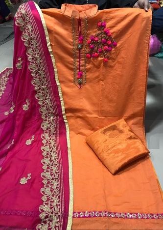 Chanderi Silk Hand work Semi Stitched Dress Material For Women