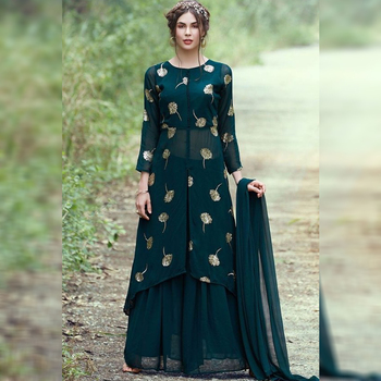 Pleasant Dark Green Color Sequence Zari Work Georgette Sharara Suit For Women