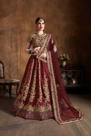 Fantastic Maroon Silk Embroidered Work Lehenga Design Online