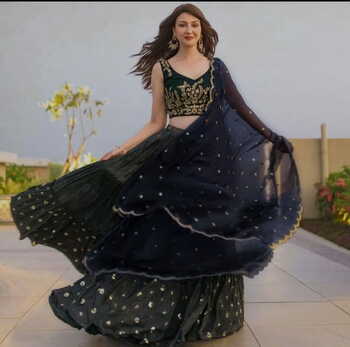Dark Blue Color Designer Taffeta Sequence With Digital Printed Wedding Wear Lehenga Choli