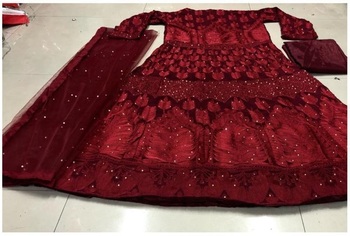 Maroon Colored Georgette PartyWear Chain Stitched Diamoned Work Suit