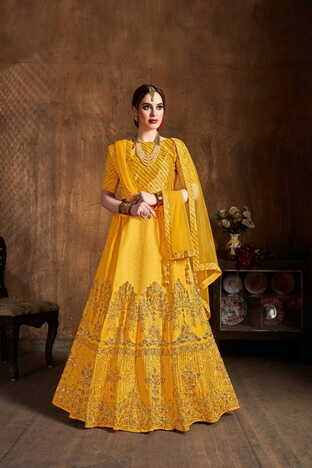 Enamoring Yellow Silk Diamond Embroidered Zari Work Lehenga Design Online