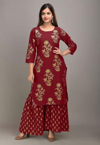 Fashionable Wear Red Ready Made Design Rayon Golden Printed Plazo Kurti