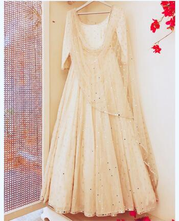 Distinguished White Color Taffeta Silk Stitched Gown with Mirror Work Net Dupatta