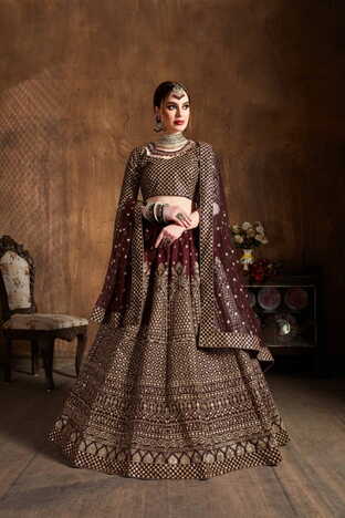 Maroon Silk Glitter Zari Embroidered Work Lehenga Design Online