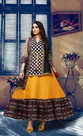 Graceful Yellow Color Full Stitched Digital Printed Cotton Chanderi Kurti