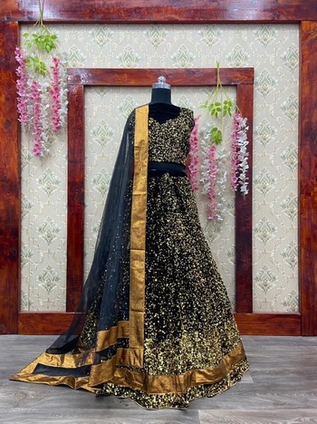 Black Color Velvet Wedding Wear Sequence Work Lehenga Choli