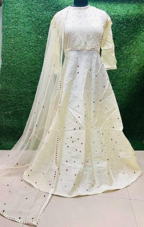Distinguished White Color Taffeta Silk Stitched Gown with Mirror Work Net Dupatta