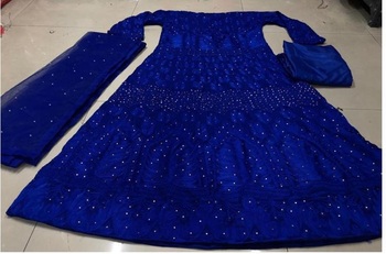 Blue Colored Georgette Chain Stitched With Diamoned Work Suit