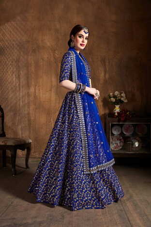 Inviting Royal Blue Silk Zari Sequence Embroidered Work Lehenga Design Online