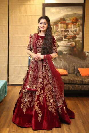 Energetic Maroon Color Function Wear Embroidered Work fancy Velvet Lehenga Choli Design