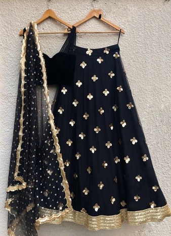 Classic Black Net Embroidered Sequence Work Lehenga Choli