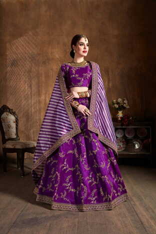 Beautiful Purple Mulberry Silk Embroidered Work Lehenga Design Online