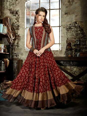 Fabulous Maroon Color Festive Wear Printed Chanderi Cotton Full Stitched Kurti