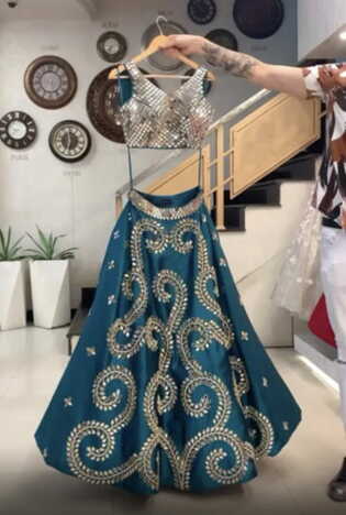 Glorious Rama Blue Color Taffeta Silk Mirror Embroidered Lehenga Choli Online