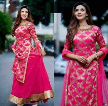 Good Looking Pink Color Ready Made Rayon Golden Foil Printed Indo Western Suit Design For Women