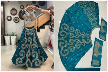Glorious Rama Blue Color Taffeta Silk Mirror Embroidered Lehenga Choli Online
