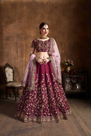 Fantastic Maroon Silk Embroidered Work Lehenga Design Online