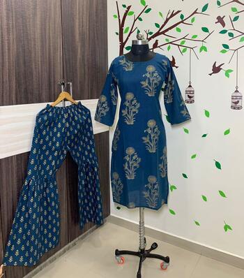 Topical Wear Blue Ready Made Rayon Stylish Golden Printed Plazo Kurti For Women