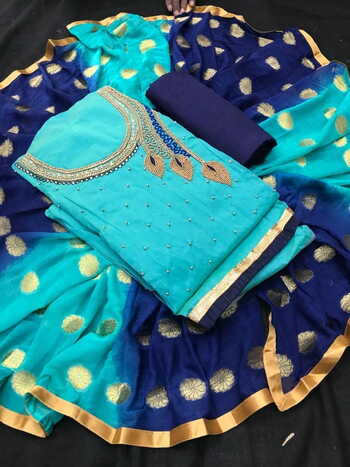 Sea Green Color Chanderi Silk Handwork Embroidered Dress Material