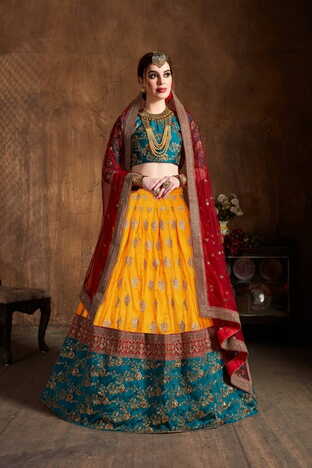 Rapturous Yellow Banarasi Silk Embroidered Work Lehenga Design Online