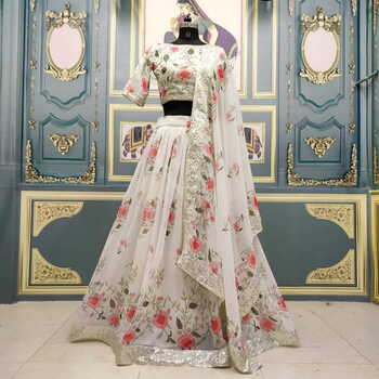 Staggering White Color Beautiful Sequence Work Georgette Digital Printed Lehenga Choli For Wedding Wear