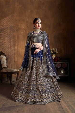 Beautiful Navy Blue Silk Glitter Embroidered Work Lehenga Design Online