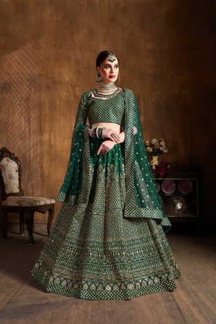 Green Silk Zari Glitter Embroidered Work Lehenga Design Online