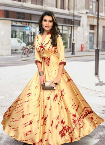 Beautiful Yellow Color Satin Digital Printed Full Stitched Gown For Women