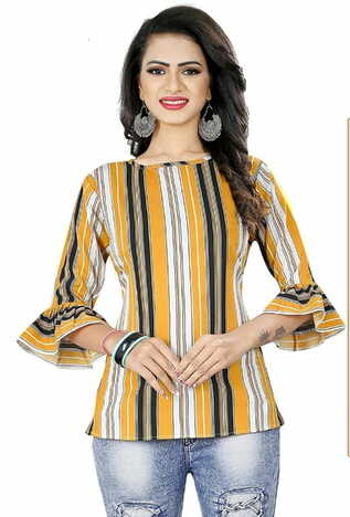 Mustard Color Full Stitched Printed Rayon Festive Wear Top For Women