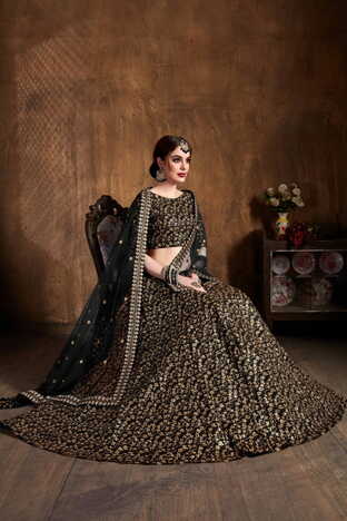 Classic Black Silk Zari Embroidered Work Lehenga Design Online