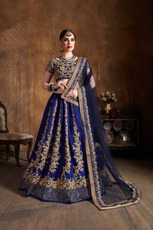 Stunning Navy Blue Silk Embroidered Work Lehenga Design Online