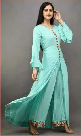 Admiring Sea Green Color Fancy Rayon Embroidered Work Ready Made Kurti Plazo For Festive Wear