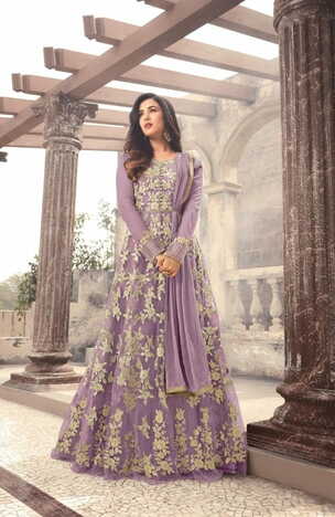 Renowned Purple Net Embroidered Semi Stitched Suit For Women