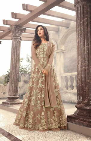 Biscuit Color Net Fabric Embroidered Semi Stitched Suit Design