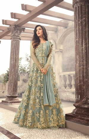 Green Color Net Fabric Embroidered Semi Stitched Anarkali Suit