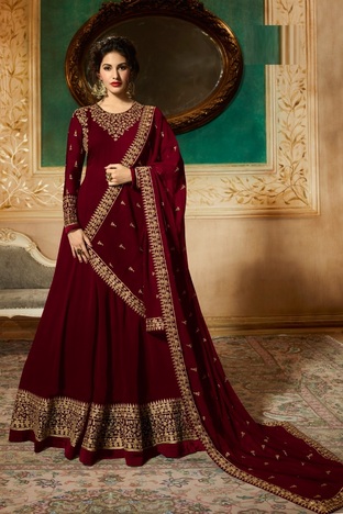 Party Wear Maroon Color Faux Georgette Embroidered Semi Stitched Anarkali Salwar Suit