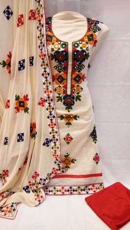 Party Wear Cream Chanderi Silk Fabric Jaipuri Emb Work Dress Material