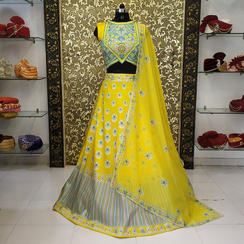 Impressive Yellow Color Taffeta Silk Embroidered Work Lehenga Choli For Women