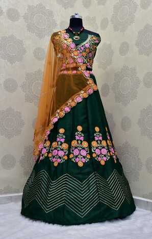 Gleaming Dark Green Designer Banglori Silk Embroidered Fancy Work Lehenga Choli For Wedding Wear