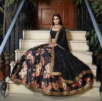 Sensational Black Color Japan Satin Silk Digital Printed Lehenga Choli