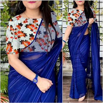 Splendid Blue Color Weightless Saree with Printed Blouse For Regular Wear